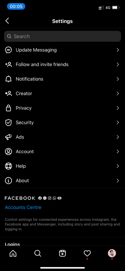 Account in Setting Dashboard